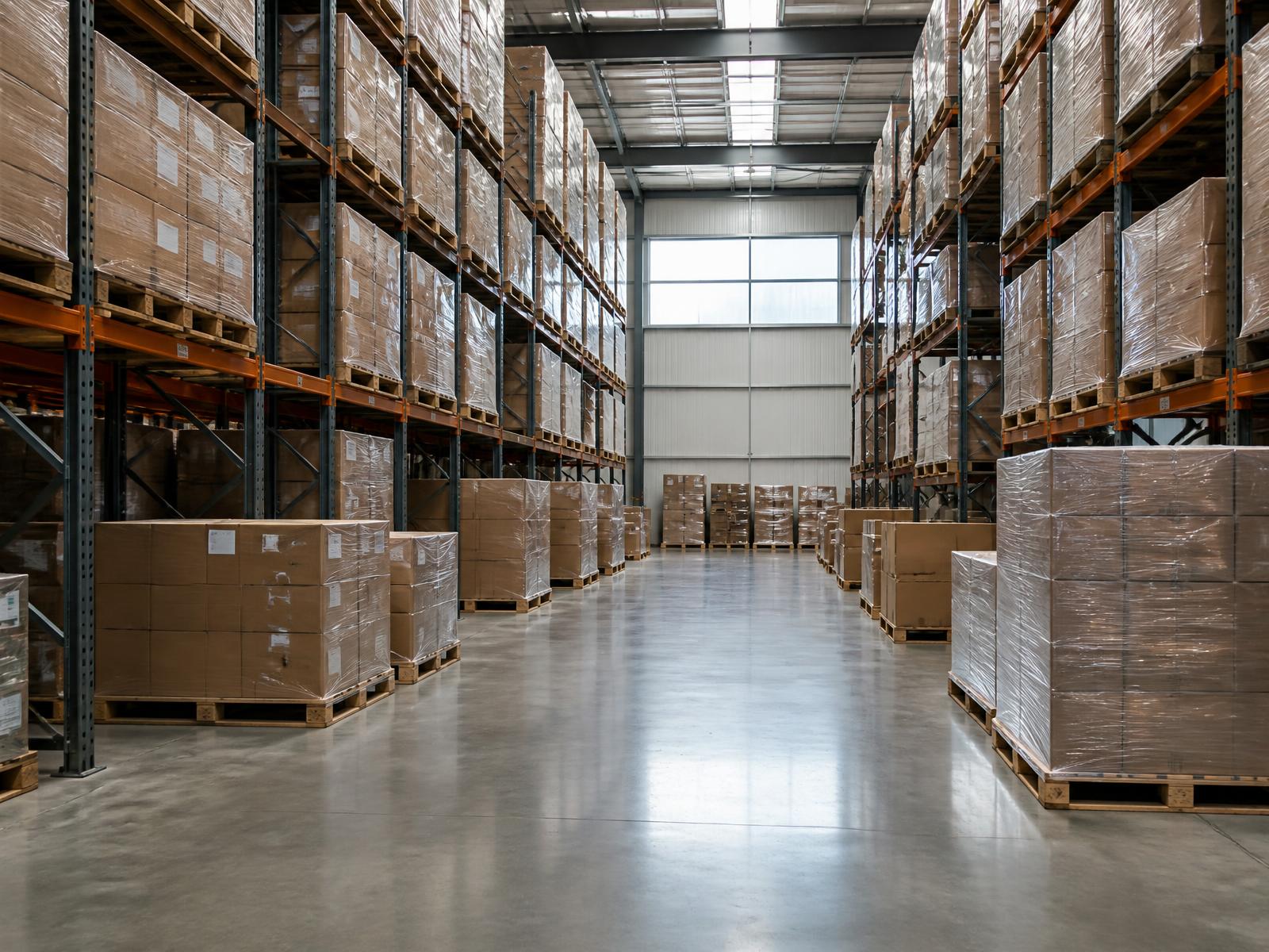 Pallets of stock held on racking inside a UK distribution warehouse